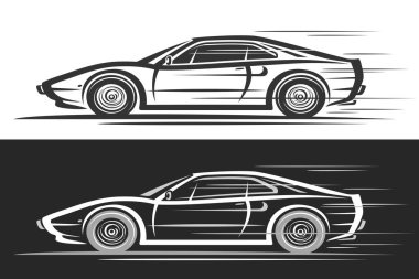 Old Sport Car için vektör logosu, siyah beyaz arka planda tek renkli klasik konsept arabanın basit konsept çizgili yatay otomotiv afişleri.
