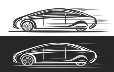 Futuristik Elektrikli Araba için vektör logosu, gelecekten gelen basit kontur çizim çizelgesine sahip otomotiv dekoratif afişleri, siyah ve beyaz arka planda tek renkli konsept konsept otomobil.