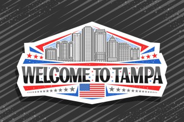 Tampa için vektör logosu, Tampa için dekoratif kağıt tabelaları, şehir tamponunun çizgili resmedilmiş hali, gökyüzü arka planında, sanat tasarımı yatay buzdolabı mıknatısı, tampa hoş geldiniz