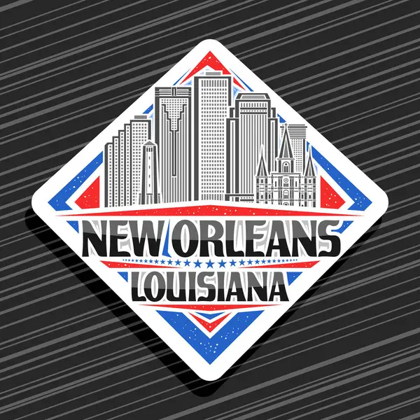 New Orleans için vektör logosu, beyaz dekoratif rhomb yol tabelası Amerikan şehir manzarasının çizgili çizgisi, sanat tasarımı buzdolabı mıknatısı siyah kelimeler için eşsiz harflerle New Orleans, Louisiana