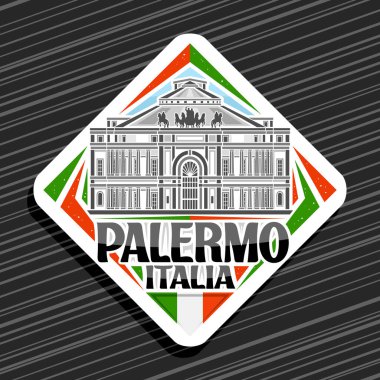 Palermo için vektör logosu, Palermo 'daki ünlü politeama tiyatrosunun çizgili tabelgesi, gökyüzü arka planında dekoratif buzdolabı mıknatısı, siyah metin palermo, italia