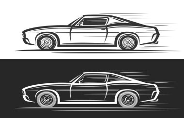 Kas Arabası için vektör logosu, hareket halindeki klasik kaslı arabanın resimli yatay otomotiv afişleri, siyah ve beyaz arka planda çalışan tek renkli konsept arabanın dekoratif çizimleri.