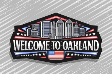Oakland için vektör logosu, Oakland için siyah dekoratif etiket. Gece gökyüzü arka planında şehir panoramik Oakland manzarası çizimi. Oakland 'a hoş geldiniz diyen sanat tasarımı buzdolabı mıknatısı.