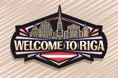 Riga için vektör logosu, gece gökyüzü arka planında Avrupa riga şehir manzarasının ana hatlarıyla çizilmiş siyah dekoratif etiket, çizgili sanat tasarımı buzdolabı mıknatısı riga hoş geldiniz