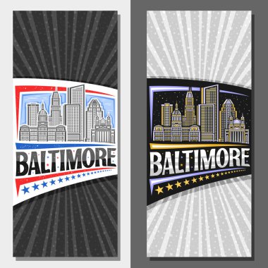 Baltimore için vektör dikey planlar, Baltimore şehrinin gece ve gündüz gökyüzü arkaplanının resmedildiği dekoratif broşür, Baltimore için eşsiz harflerle yazılmış sanat tasarımı turist kartı.