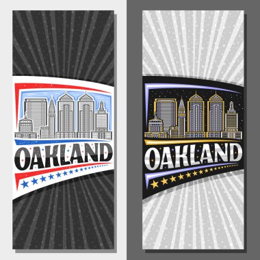 Oakland için vektör dikey yerleşim planı, Oakland şehrinin gündüz ve gece gökyüzü arka planının çizgili çizgili broşürü, Oakland için eşsiz harfli sanat tasarımı turist kartı.