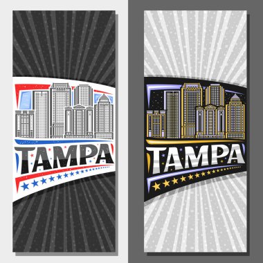 Tampa için vektör dikey yerleşim planı, modern tampa körfezi şehir manzarasının resimleriyle dekoratif broşür gündüz ve gece gökyüzü arkaplanı, Tampa kelimesi için eşsiz harflerle sanat tasarımı turist kartı