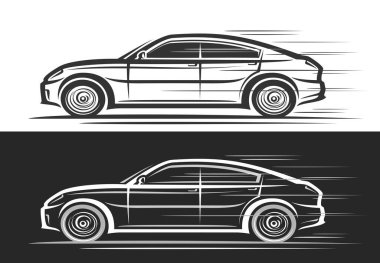 Hatchback Car için vektör logosu, modern konsept arabanın klipsli tasviri ile otomotiv dekoratif afişleri, siyah beyaz arka planda tek renkli spor hatchback arabası.
