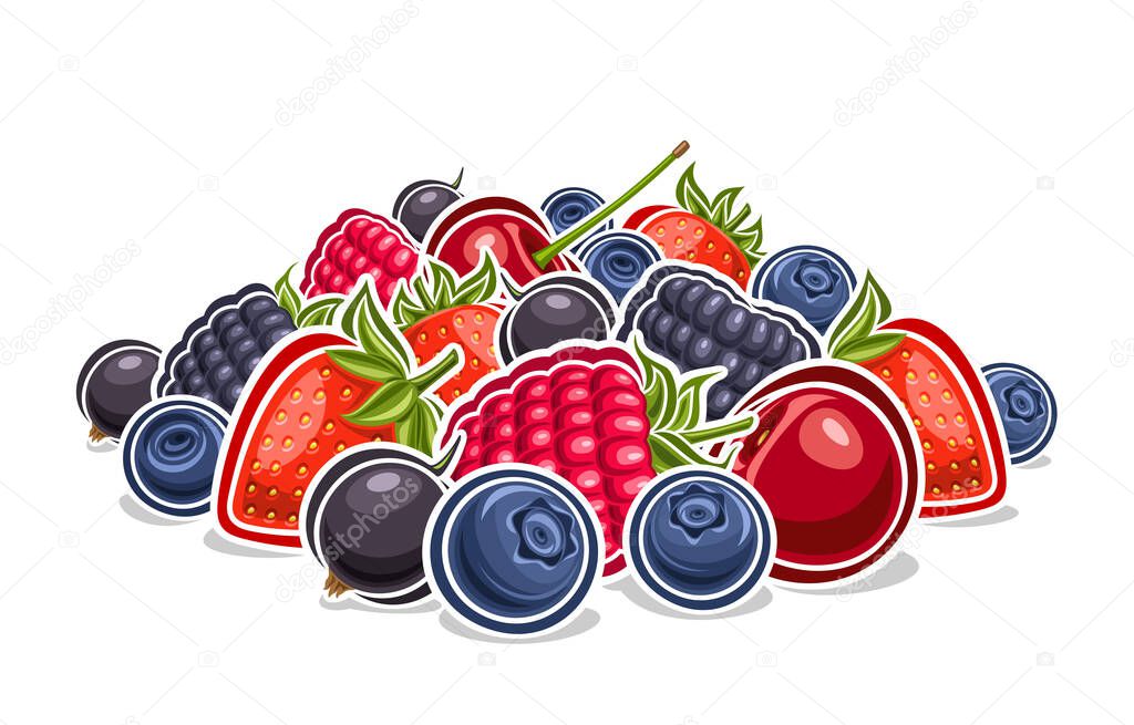 Vector Berry Pile, decorative horizontal poster with outline illustration of farming berry composition with green stems, fruity graphic print with many assorted garden berries on white background
