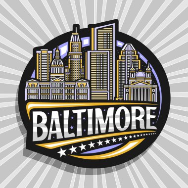 Baltimore 'un vektör logosu için vektör logosu, Baltimore şehrinin gece arkaplanının çizgili resmedildiği siyah dekoratif yuvarlak etiket, sanat tasarımı buzdolabı mıknatısı ve metin Baltimore için eşsiz harfler.