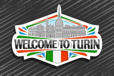 Torino için vektör logosu, tarihsel panoramik türin şehir manzarasının resmedildiği beyaz dekoratif etiket gökyüzü arka planında, çizgi çizgisi sanat buzdolabı mıknatısı siyah kelimelerle Torino 'ya hoş geldiniz