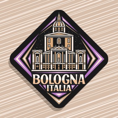Bolonya için vektör logosu, koyu rhomb yol tabelası alacakaranlık gökyüzü arka planında Bolonya 'da ünlü Madonna di San Luca' nın çizili çizimi, dekoratif kentsel buzdolabı mıknatısı metin bolonya, italyan