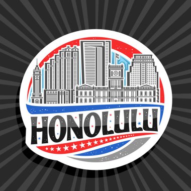 Honolulu için vektör logosu, beyaz dekoratif yuvarlak etiket, Honolulu şehir manzarasının gündüz arkaplanı çizimi, sanat tasarımı buzdolabı mıknatısı siyah metin honolulu için eşsiz harflerle.