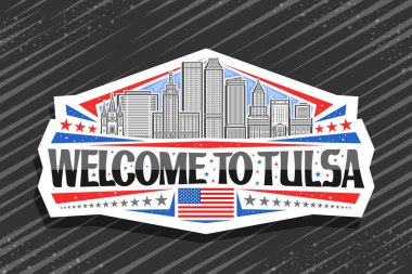Tulsa için vektör logosu, Tulsa için dekoratif kesim kağıt etiketi. Gündüz gökyüzü arka planında kentsel Tulsa şehir manzarası çizimi, sanat tasarımı yatay buzdolabı mıknatısı siyah kelimelerle Tulsa 'ya hoş geldiniz