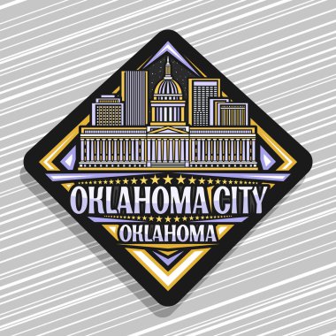 Oklahoma City için vektör logosu, siyah dekoratif romb yol tabelası ünlü Oklahoma şehir manzarası çizimi, sanat tasarımı buzdolabı mıknatısı metin oklahoma şehri için eşsiz fırça harfleri