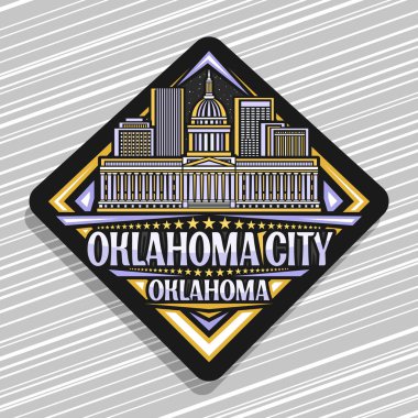 Vector logo for Oklahoma City, black decorative rhomb road sign with line illustration of famous oklahoma cityscape, art design refrigerator magnet with unique brush lettering for text oklahoma city clipart