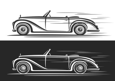 Vintage Cabriolet Car için vektör logosu, klipsli otomotiv afişleri, hareket halindeki konsept araba çizgisi, siyah beyaz arka planda tek renkli klasik Cabrio araba.