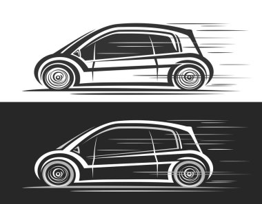 Futuristik Mini Araba için vektör logosu, modern mikro konsept arabanın klipsli resimli otomotiv afişleri, siyah beyaz arka planda tek renkli fütüristik küçük araba çizgisi