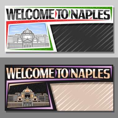 Napoli için fotokopi alanı olan vektör pankartı, Napoli 'ye hoş geldiniz yazılı sanat tasarımı turist kartı, Napoli' nin tarihi şehir manzarası ve alacakaranlık arkaplanı ile dekoratif düzenleme