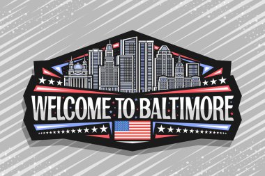 Baltimore için vektör logosu, Baltimore için siyah dekoratif etiket gece gökyüzü arka planında Baltimore şehrinin manzarasının basit bir illüstrasyonu, Baltimore 'a hoş geldiniz diyen sanat tasarımı buzdolabı mıknatısı