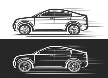 Fastback Car için vektör logosu, hareket halindeki modern fast-back konsept arabanın klipsli tasviri ile otomotiv dekoratif afişleri, siyah ve beyaz arka planda monokrom sporu yapan çizgi çizgisi