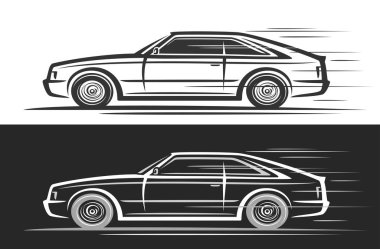 Liftback Car için vektör logosu, klipsli otomotiv dekoratif afişleri hareket halindeki vintage liftback konsept araba tasviri, siyah ve beyaz arka planda çizgi sanatı monokrome fastback araba