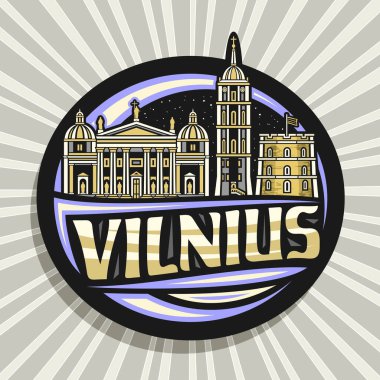 Vilnius için vektör logosu, aydınlanmış vilnius şehir manzarasının ana hatlarıyla çizilmiş dekoratif daire etiketi alacakaranlık gökyüzü arkaplanı, sanat tasarımı buzdolabı mıknatısı metin vilnius için eşsiz harflerle.