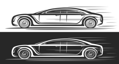 Futuristik Limuzin Otomobili için vektör logosu, siyah ve beyaz arka planda modern limuzin konsept arabasının resimli otomotiv dekoratif afişleri, klipsli tek renkli limuzin arabası