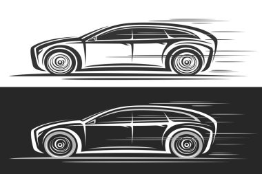 Station Wagon Car için vektör logosu, hareket halindeki tek renkli motorlu aracın dış hatları ile otomotiv dekoratif afişleri, siyah beyaz arka planda çizgi çizgisi çalışan steyşın vagon konsepti.