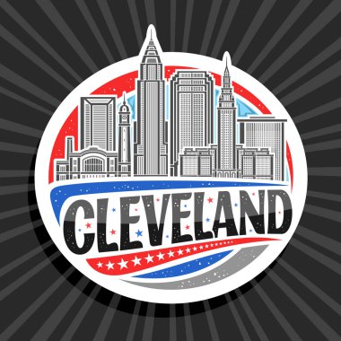 Cleveland için vektör logosu, beyaz dekoratif etiket ile ana hatlarıyla Cleveland şehrinin gökyüzü arka planı, sanat tasarımı buzdolabı mıknatısı siyah metin Cleveland için eşsiz harflerle