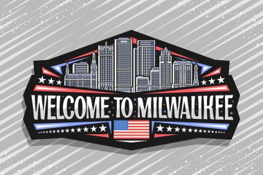 Milwaukee için vektör logosu, Milwaukee 'ye hoş geldiniz diyen sanat tasarımı buzdolabı mıknatısı, Milwaukee' ye hoş geldiniz diyen Milwaukee şehir manzarasının detaylı resimleriyle siyah dekoratif rozet.