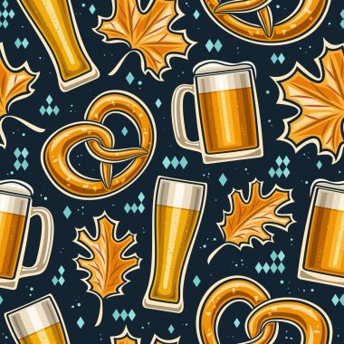 Vektör Oktoberfest Kusursuz Desen, düz oktoberfest pretzel ile dekoratif arka plan, ambalaj kağıdı için sonbahar yaprakları ve bira bardağı, koyu arkaplanda oktoberfest için kare pankart