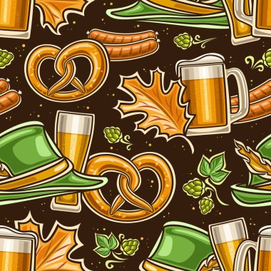 Vektör Oktoberfest Kusursuz Desen, dekoratif arka plan uçan oktoberfest kraker, ambalaj kağıdı için yeşil tyrolean şapka ve pint cam, oktoberfest için siyah arka planda kare pankart