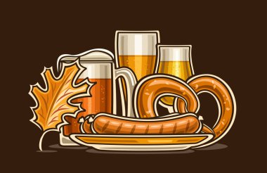 Oktoberfest için vektör illüstrasyonu, oktoberfest pretzel, sarı sonbahar meşe yaprağı, tabakta sucuk ve siyah arka planda çeşitli bira bardakları içeren karikatür tasarımı posteri.