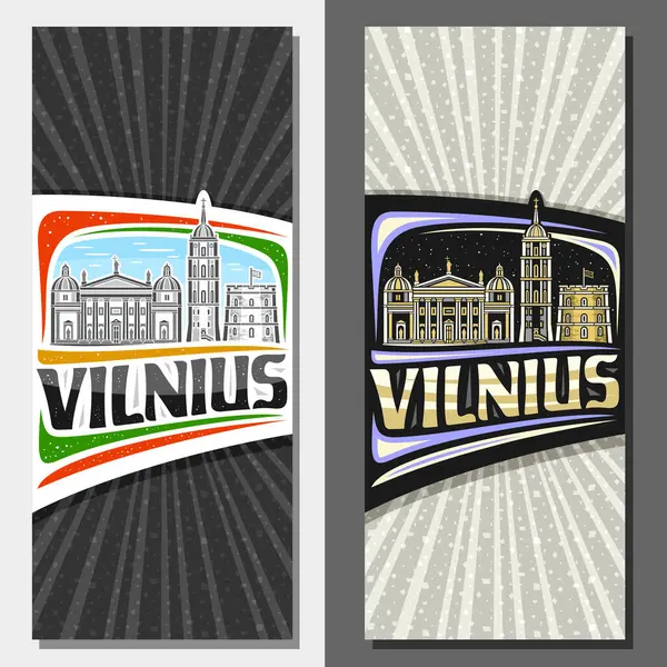 stock vector Vector vertical layouts for Vilnius, decorative leaflet with line illustration of famous vilnius city scape on day and dusk sky background, art design tourist card with unique letters for word vilnius