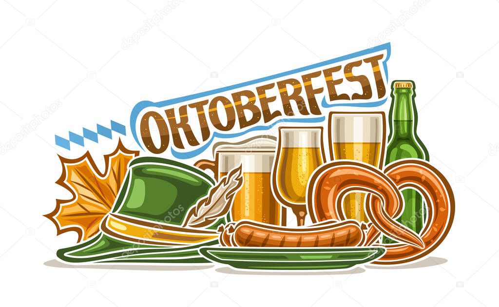 Vector illustration for Oktoberfest, horizontal poster with cartoon design composition of oktoberfest pretzel, blue decorative diamonds, bratwurst on dish and text oktoberfest on white background