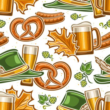 Vektör Ekim Festivali Kusursuz Şablon, dekoratif arka plan uçan oktoberfest kraker, paket kağıdı için yeşil tyrolean şapka ve pint cam, beyaz arkaplandaki oktoberfest için kare pankart