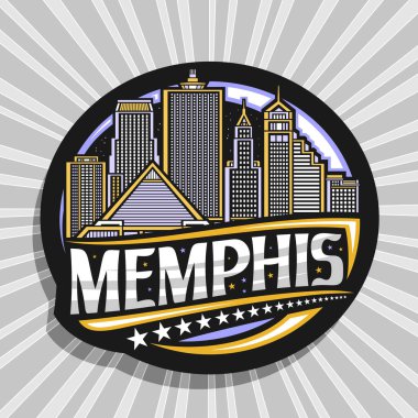 Memphis için vektör logosu, Memphis için koyu dekoratif daire etiketi, gece gökyüzü arka planında modern Memphis şehir manzarasının çizgi çizimi, sanat tasarım buzdolabı mıknatısı, metin memphis için eşsiz harflerle.