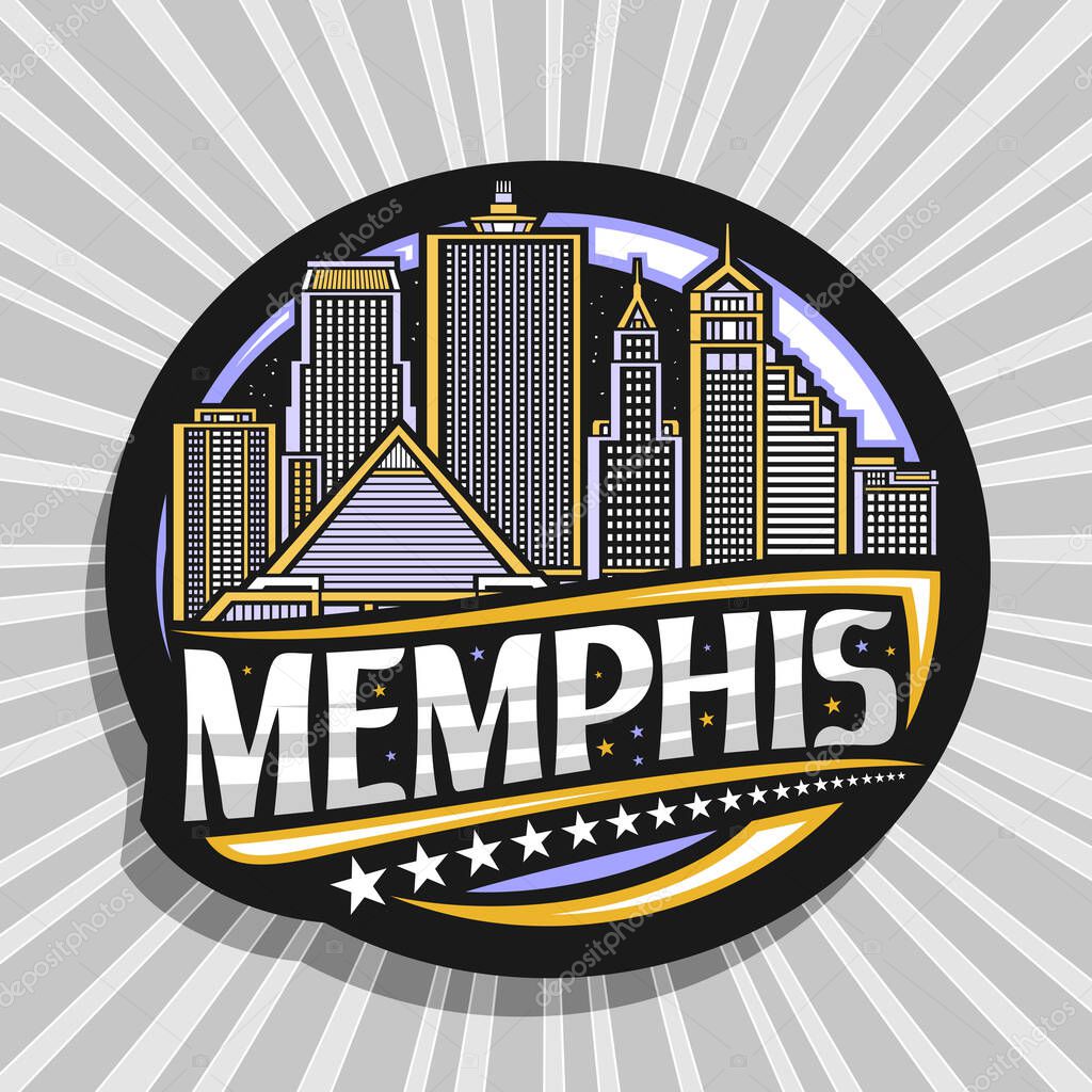 Vector logo for Memphis, dark decorative circle tag with line illustration of modern memphis city scape on nighttime sky background, art design refrigerator magnet with unique letters for text memphis