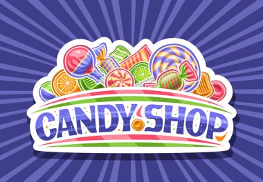 Şekerci dükkanı için vektör logosu, parlak renkli şekerlemeler içeren dekoratif kağıt tabela tabelaları ışık arka plan ışınları üzerinde metin şekerleme dükkanı için eşsiz harfler.