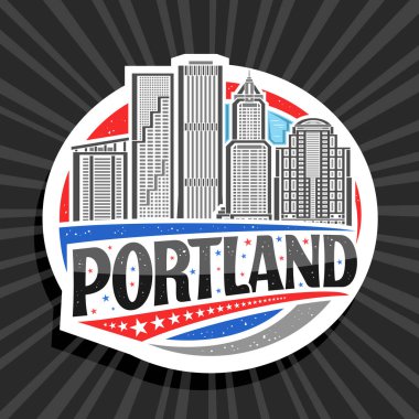 Portland için vektör logosu, beyaz dekoratif daire etiketi, gündüz gökyüzü arka planında kentsel Portland manzarası, sanat tasarımı buzdolabı mıknatısı, siyah metin portland için eşsiz harflerle.