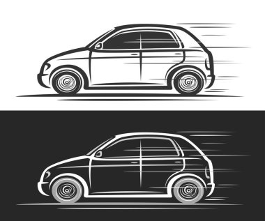 Küçük Hatchback Car için vektör logosu, hareket halindeki kadın mikro arabasının basit illüstrasyonlu otomotiv dekoratif afişleri, siyah beyaz arka planda tek renkli konsept çizgili konsept araba.