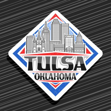 Tulsa için vektör logosu, beyaz dekoratif rhomb yol tabelası, ünlü şehir tulsa şehir manzarasının basit çizimi, sanat tasarımı buzdolabı mıknatısı siyah kelimeler tülsa, oklahoma için eşsiz harflerle