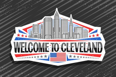 Vector logo for Cleveland, decorative cut paper badge with line illustration of urban cleveland city scape on day sky background, art design refrigerator magnet with black words welcome to cleveland clipart