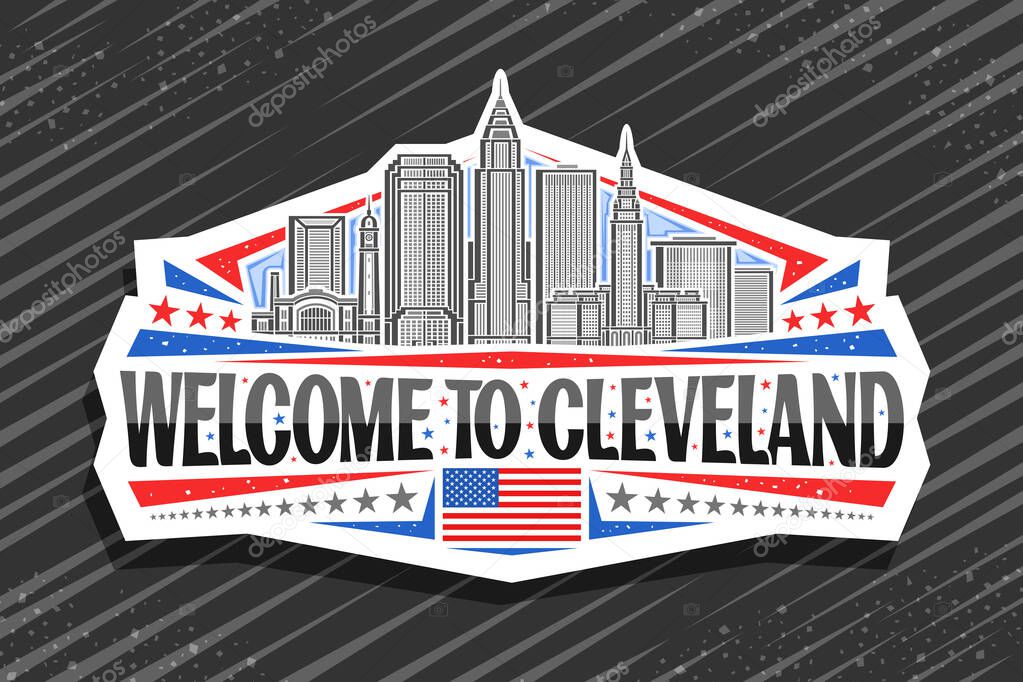 Vector logo for Cleveland, decorative cut paper badge with line illustration of urban cleveland city scape on day sky background, art design refrigerator magnet with black words welcome to cleveland
