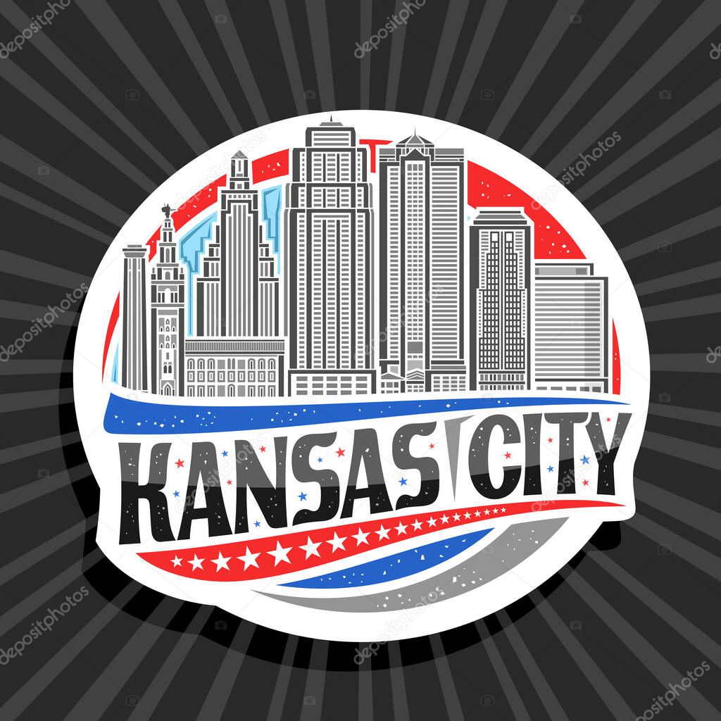 Vector logo for Kansas City, white decorative label with illustration of urban missouri city scape on day sky background, art design refrigerator magnet with unique letters for black text kansas city