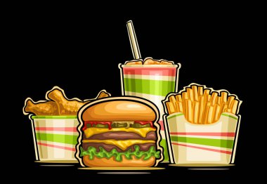 Vektör Fast Food Logo, çizgi film dizaynı büyük burger, kızarmış patates çubukları ve sıcak Kentucky tavuk bacakları ile yatay poster, siyah arka planda fast food için dekoratif pankart.
