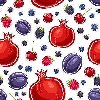 Vektör Çileksiz Desen, dekoratif arka plan ambalaj kağıdı ya da çarşaf için farklı karikatür meyveleri, beyaz arka planda yeşil yapraklı meyve dolu kare pankart.