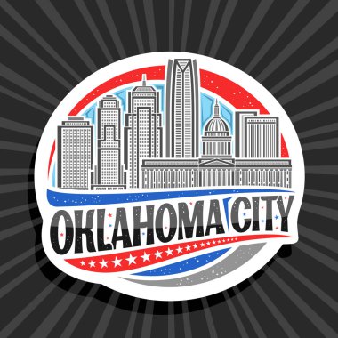 Oklahoma City için vektör logosu, Oklahoma şehrinin gündüz arkaplanındaki çizgi çizimi ile birlikte beyaz dekoratif etiket, siyah metin Oklahoma şehri için eşsiz harflerle sanat tasarımı buzdolabı mıknatısı.