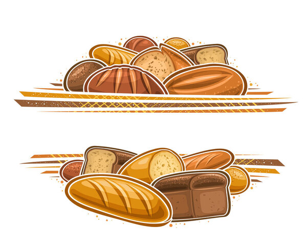 Векторный хлеб Граница с копировальным пространством для рекламного текста, рамка с разнообразной цельнозерновой композицией хлеба с декоративным ретро процветает, вывеска с группой домашнего разнообразного хлеба на белом фоне